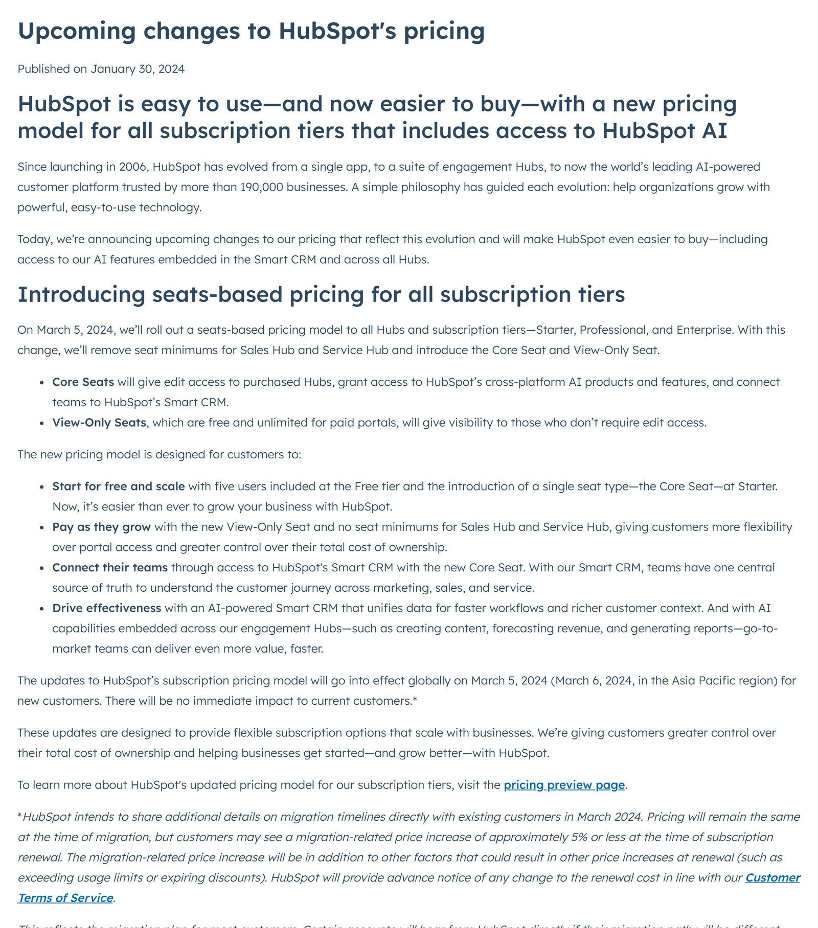 HubSpot's investor-relations page 'Upcoming changes to HubSpot's pricing', published on 30 January 2024, as archived