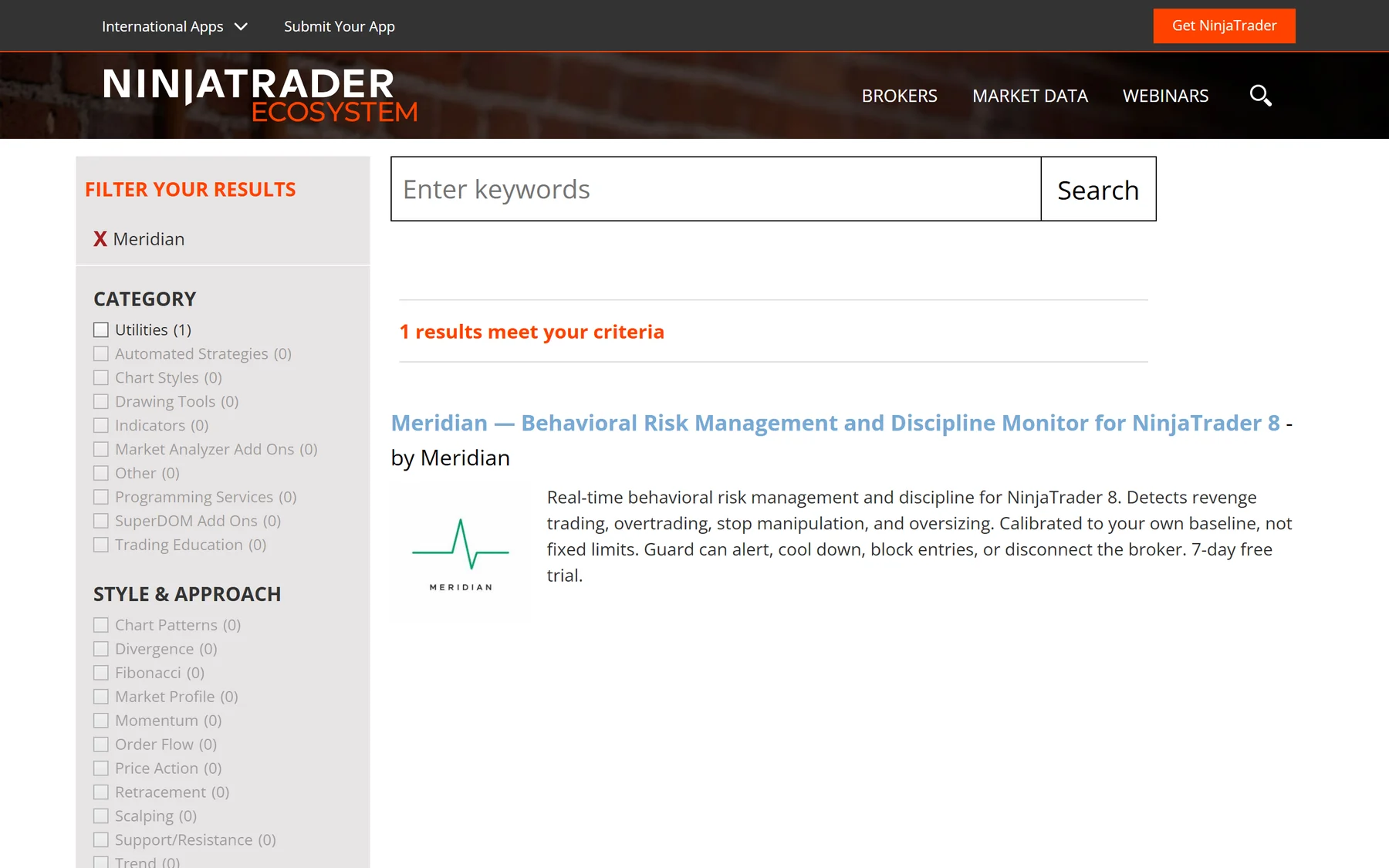The NinjaTrader Ecosystem directory, filtered to the vendor Meridian: one listing, Meridian's behavioral risk management and discipline monitor for NinjaTrader 8.