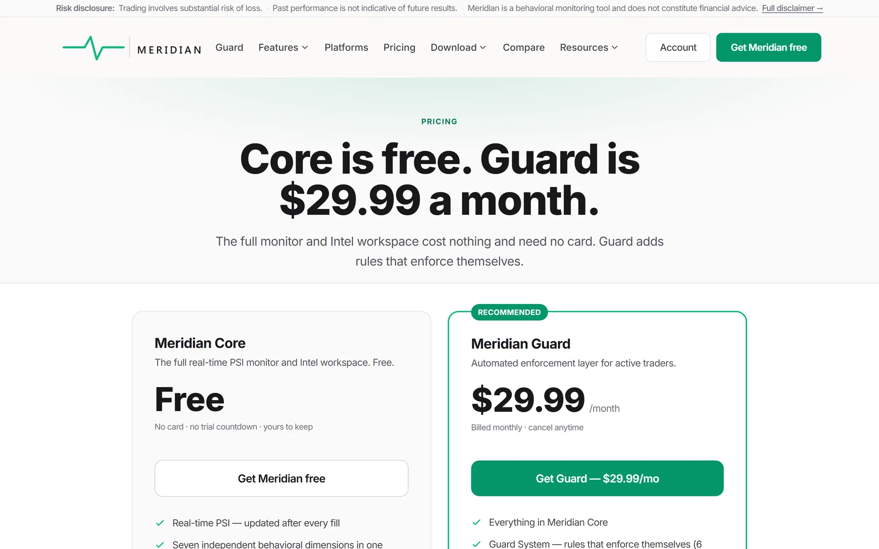 Meridian's pricing page: the core product free, Guard $29.99 a month.